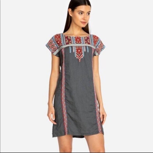 Johnny Was Dresses & Skirts - Johnny Was Ezra Shift Dress Gray Linen Embroidered Tribal Motif Mini Tunic S
